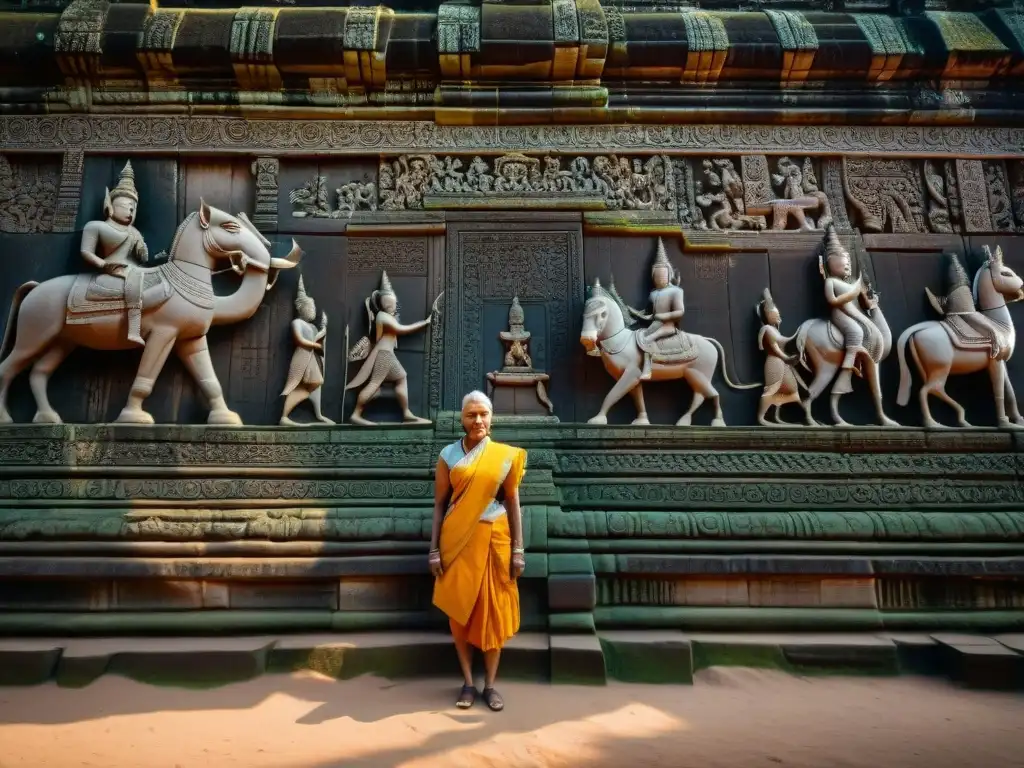 Detalle misterioso: intrincadas esculturas en Angkor Wat iluminadas por el sol, plasmando deidades hindúes y escenas mitológicas