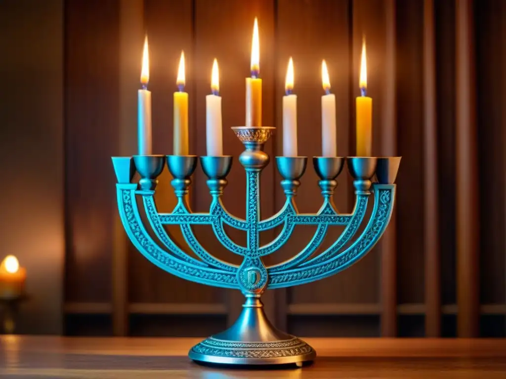 Detalle misterioso de una menorá iluminada en una habitación tenue durante Hanukkah, historia judía