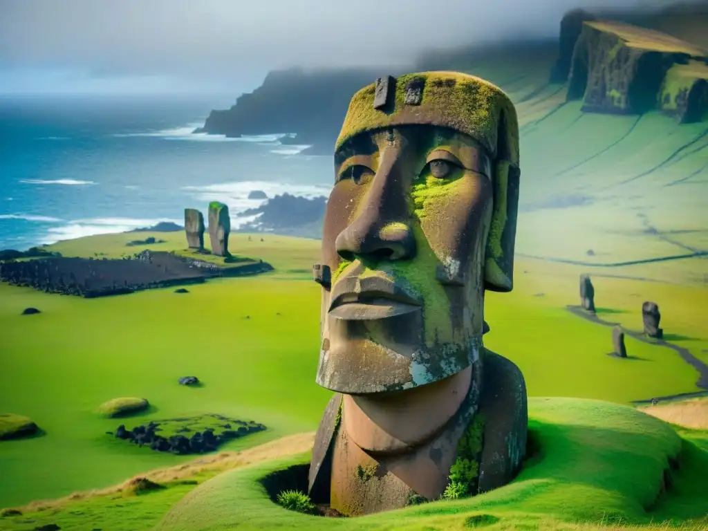 Detalle misterioso: estatua Moai parcialmente enterrada en la Isla de Pascua, con carvings y pátinas, rodeada de paisaje