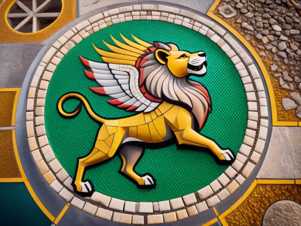 Detalle de mosaico antiguo con criatura mítica y león real, fusionando animales misteriosos en civilizaciones antiguas