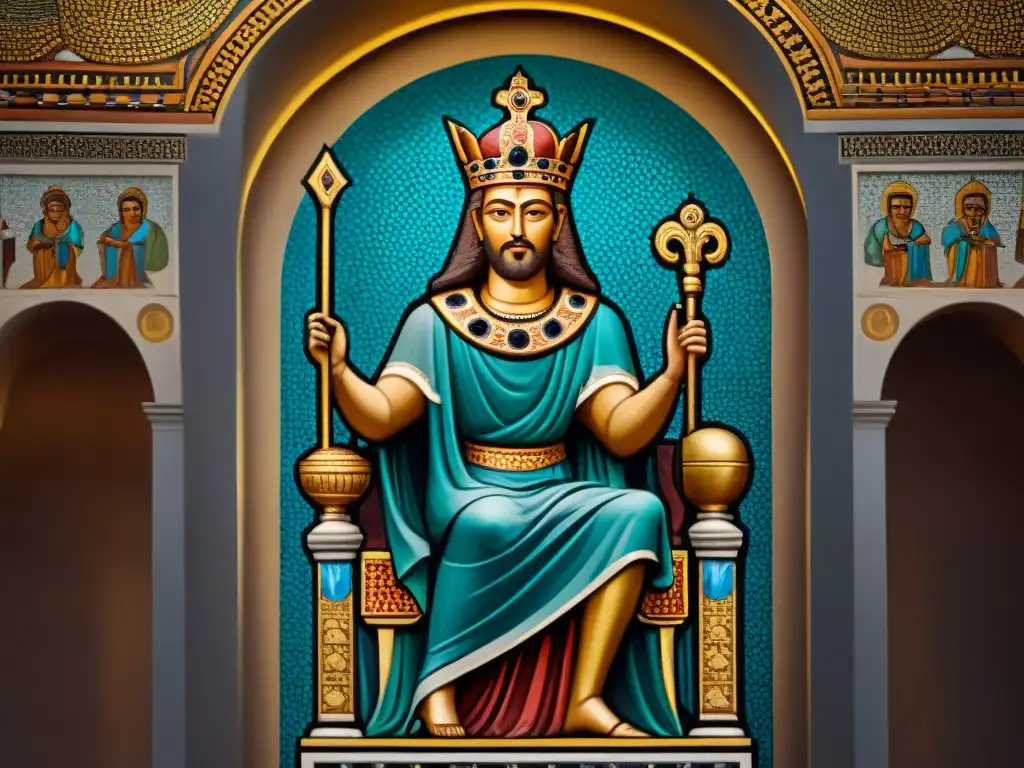 Mosaico antiguo: Rey en trono con corte real Detalle de mosaico antiguo: rey en trono con súbditos leales, reflejando la responsabilidad moral de los reyes en la antigüedad