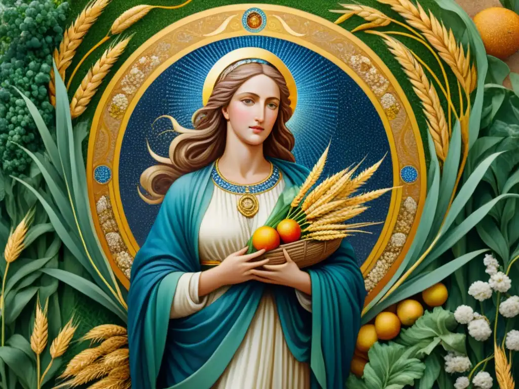 Detalle del mosaico de Virgo, diosa de la cosecha, rodeada de campos fructíferos y símbolos antiguos de abundancia y fertilidad