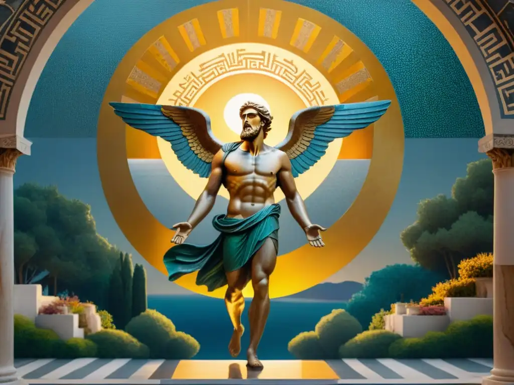 Mosaico griego de Ícaro y Dédalo: vuelo fatal bajo el sol Detalle de mosaico griego del mito de Ícaro y Dédalo, con colores vibrantes y la comparación mitos culturas europeas asiáticas