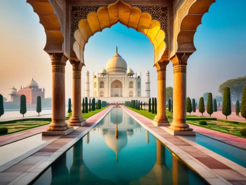 Detalle del Taj Mahal al amanecer, resaltando sus mosaicos y grabados en mármol