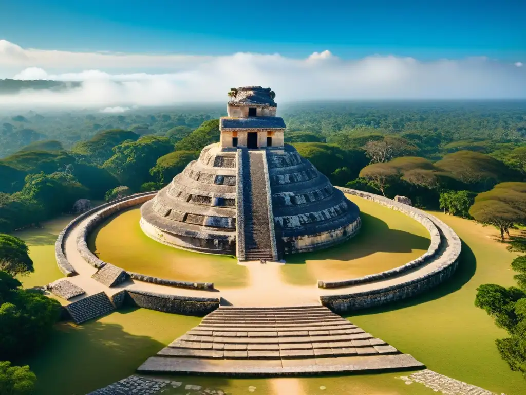 Detalle del Observatorio Celestial Maya Chichén Itzá, resaltando su arquitectura de piedra bajo un cielo azul