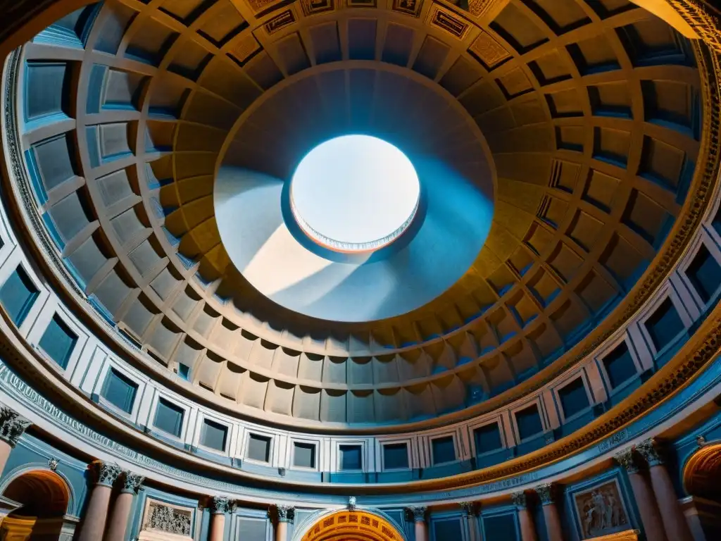 Detalle de la cúpula del Panteón en Roma, con la geometría sagrada y la luz solar iluminando su interior