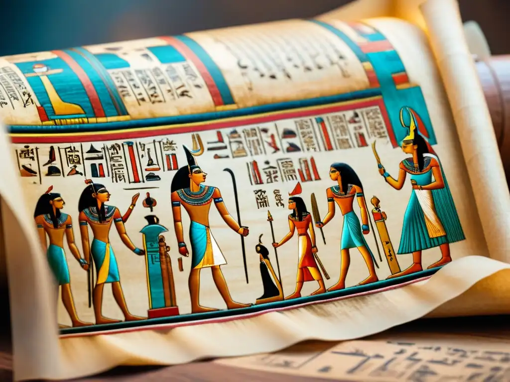 Detalle de un papiro egipcio antiguo desplegándose, con hieroglíficos que muestran escenas del más allá