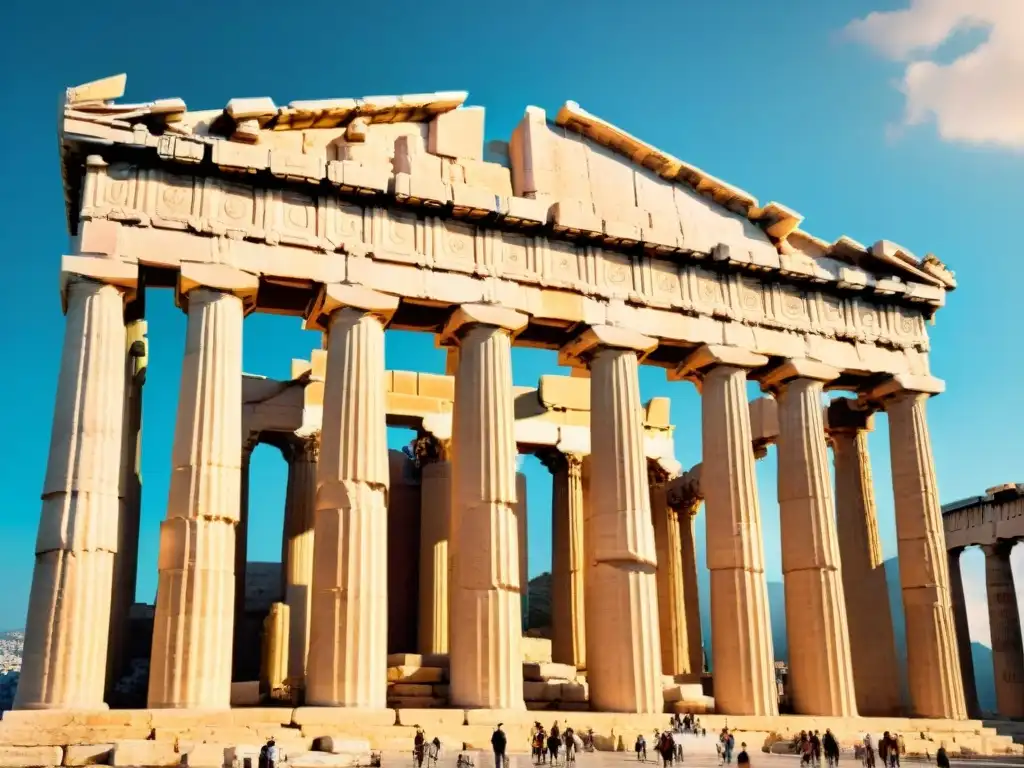 Detalle del Partenón en la Acropolis de Atenas, mostrando su significado oculto en las columnas y grabados en mármol envejecido