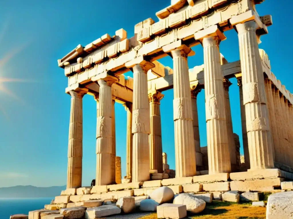 Detalle del Partenón en Atenas, Grecia, con sus columnas dóricas, frisos desgastados y esculturas en el frontón, bajo un cielo azul