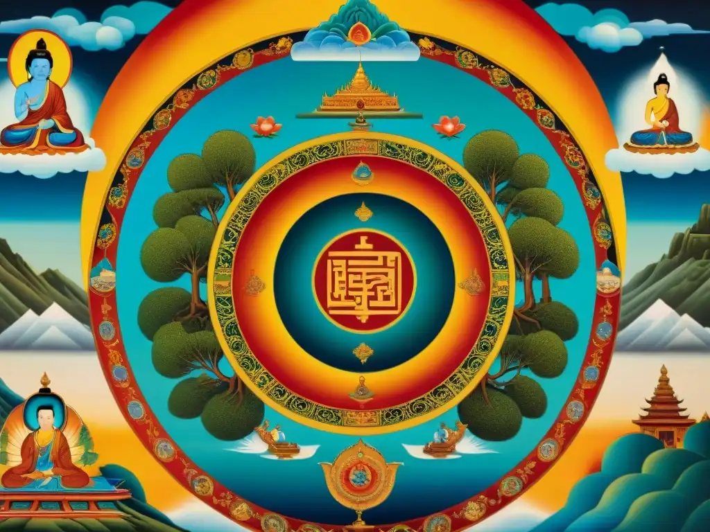 Detalle de una pintura tibetana thangka sobre el ciclo de vida, muerte y renacimiento en el budismo, rico en simbolismo