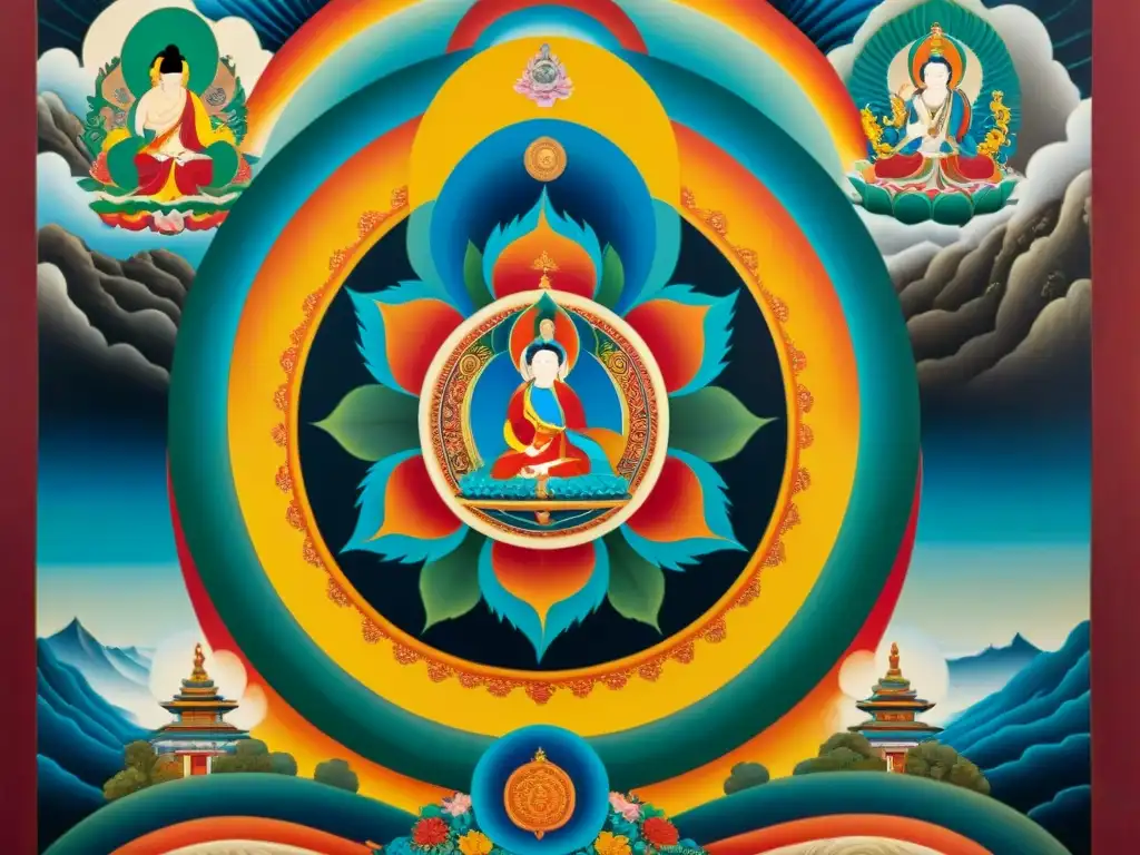 Detalle de pintura thangka tibetana con interpretaciones esotéricas de la muerte antigua y ciclo de renacimiento