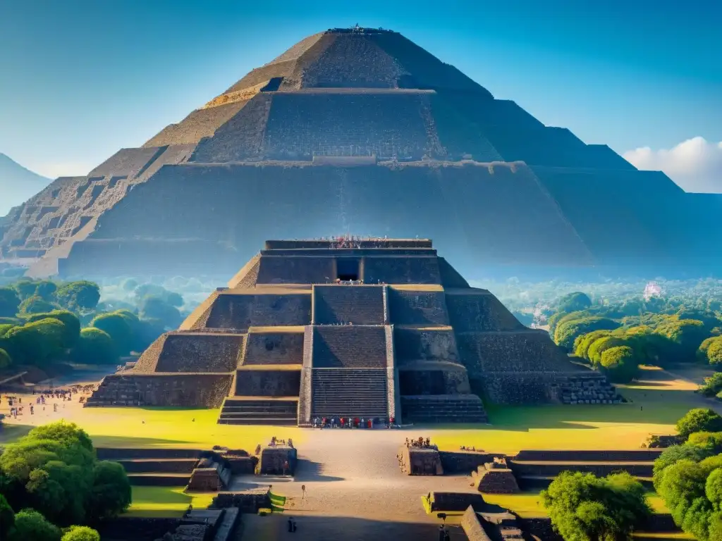 Detalle de la Pirámide del Sol en Teotihuacán, ciudad de dioses, bajo el cielo azul