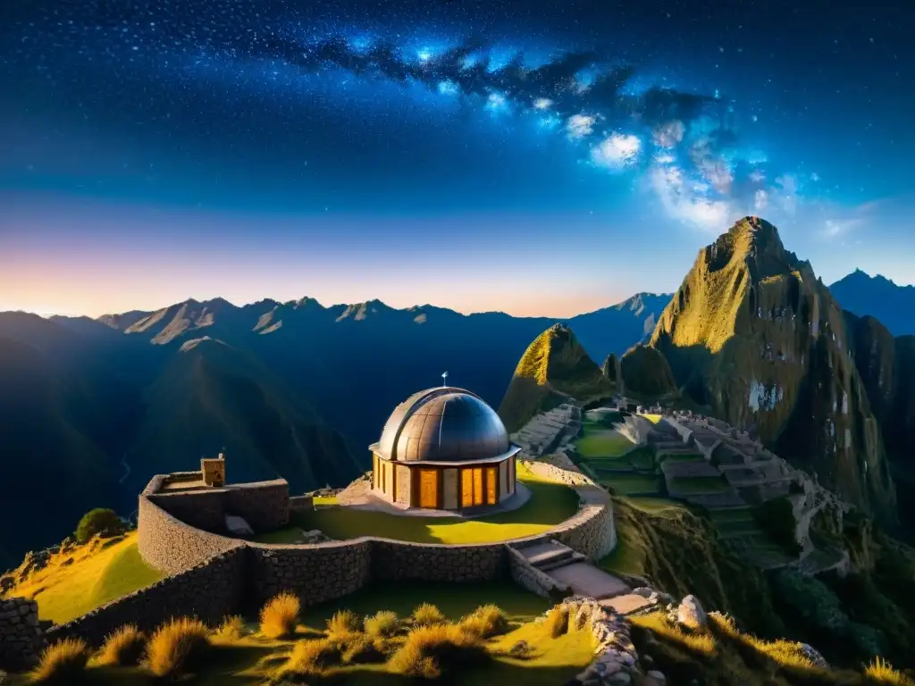 Detalle preciso de la ingeniería y astrología incas en los Andes, conectando con el cosmos nocturno