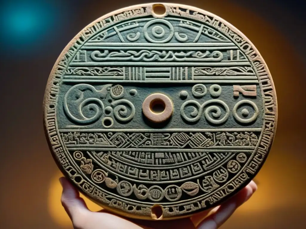 Detalle en relieve del Disco de Festos, revelando el significado y misterio de este artefacto arqueológico