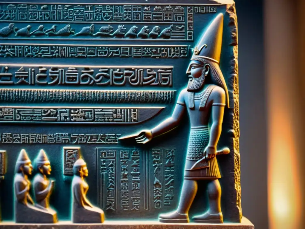 Detalle del relieve de Hammurabi recibiendo las leyes de Shamash en la estela, con inscripciones en cuneiforme