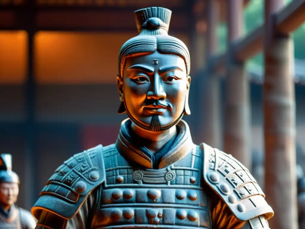 Detalle del rostro de un guerrero de terracota en Xi'an, China, con expresión estoica y armadura detallada