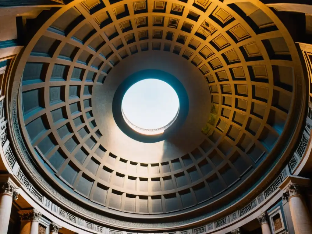 Detalle de Geometría Sagrada en Arquitectura Antigua: Intrincados patrones geométricos en el techo del Panteón de Roma, iluminados por la luz solar