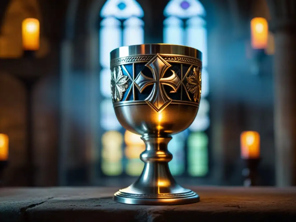 Detalle del Santo Grial en Glastonbury Abbey, con misteriosos símbolos y aura de leyenda