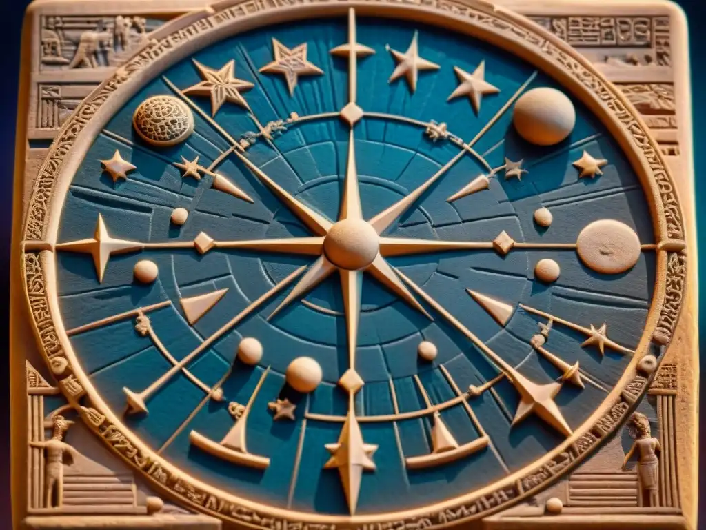 Detalle de tableta de arcilla babilónica con mapa celestial y símbolos zodiacales: Astrología en civilizaciones antiguas