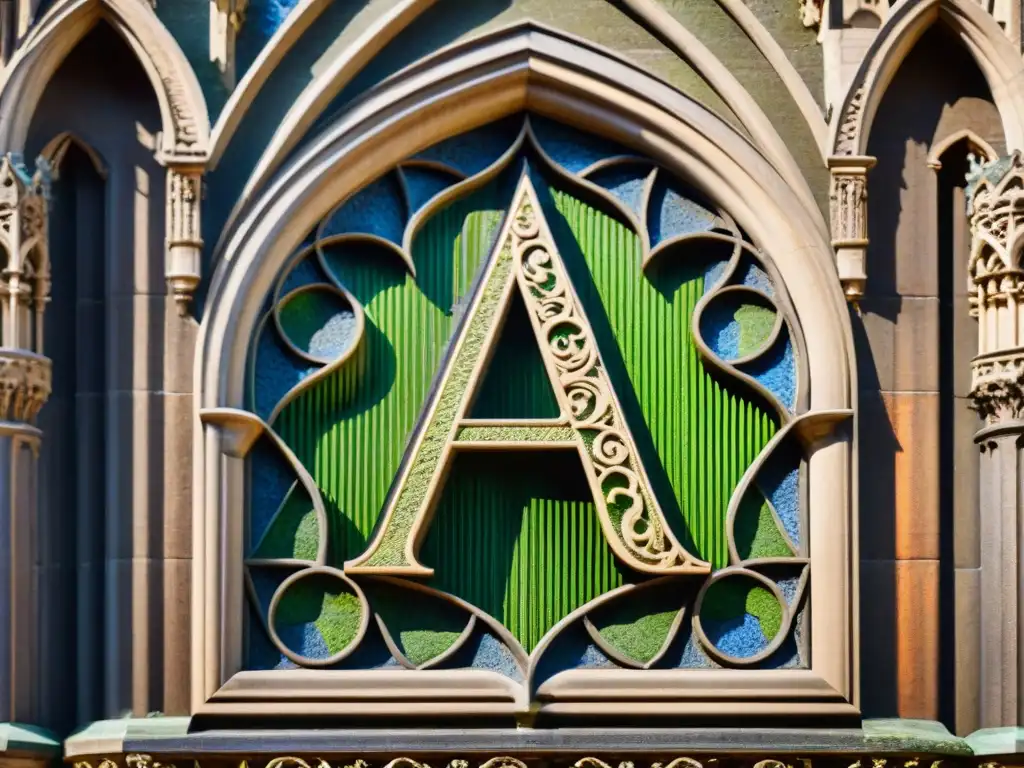 Detalle tallado de una letra 'A' del alfabeto gótico en piedra antigua, enmarcada por musgo, con vitral medieval al fondo