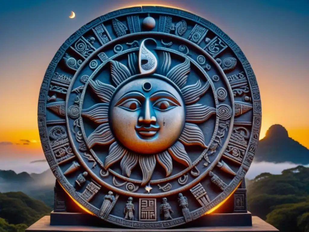 Detalle de tallado maya que representa alineación del sol, luna y estrellas durante un eclipse solar