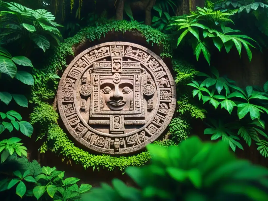 Detalle del tallado maya del calendario cósmico, iluminado por luz dorada entre hojas de la selva