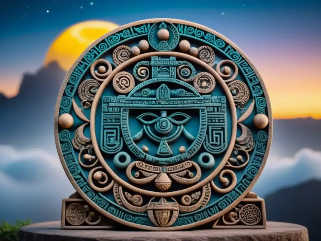 Detalle del tallado en piedra del calendario maya eclipses astronómicos, con símbolos celestiales y un cielo estrellado de fondo