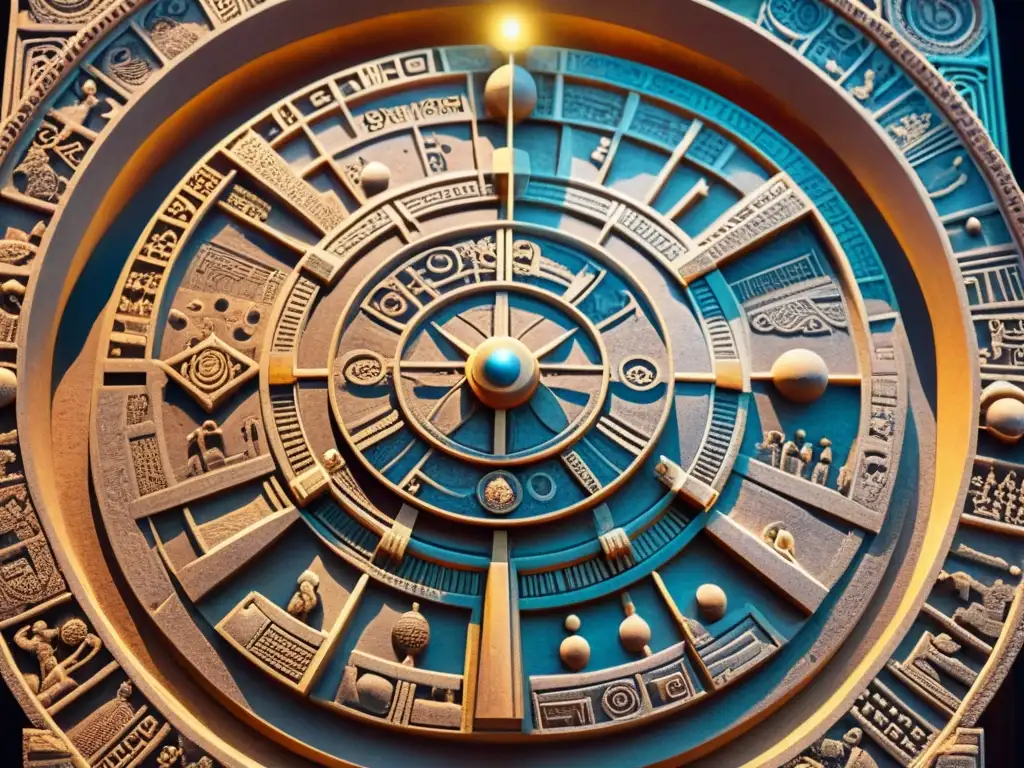 Calendario lunisolar ancestral: belleza y complejidad cósmica Detalle de tallado en piedra de calendario lunisolar de civilizaciones antiguas