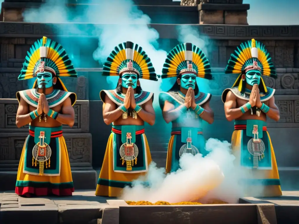 Detalle de tallado en piedra de sacerdotes Aztecas realizando ritos de purificación en el Templo Mayor de Tenochtitlan, con humo de copal en el aire