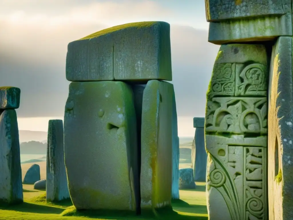 Detalle de tallados en piedra en Stonehenge, iluminados por el sol, revelando su significado cultural