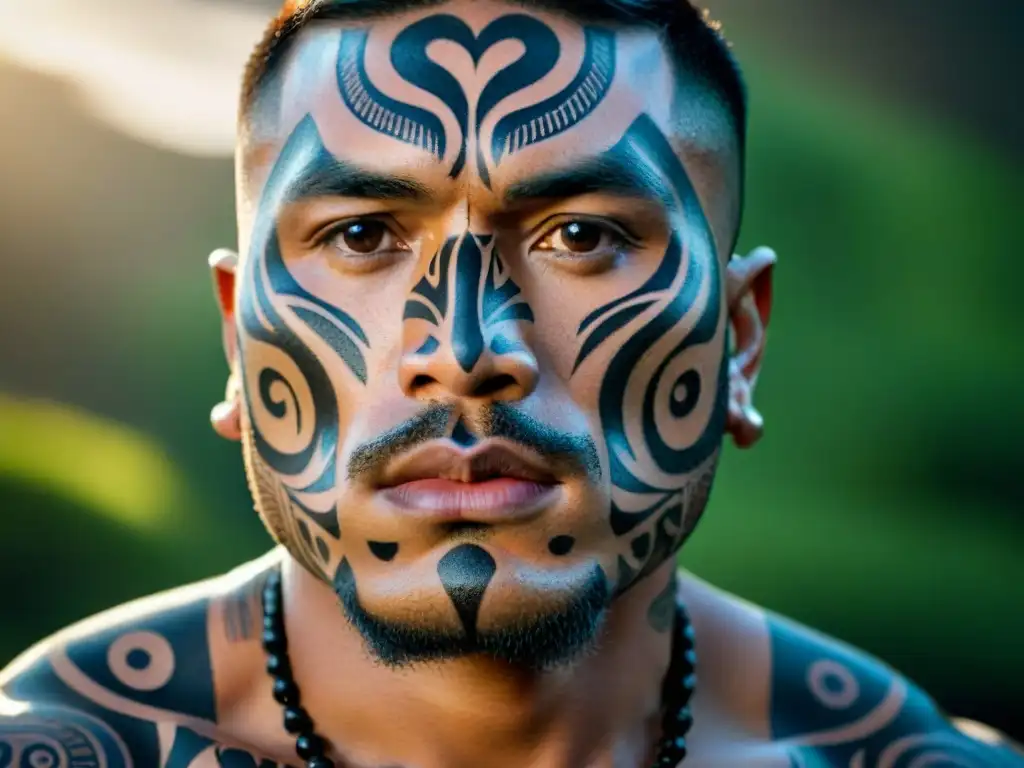 Detalle de tatuaje facial de guerrero Maorí, símbolo de identidad tribal y tradiciones antiguas