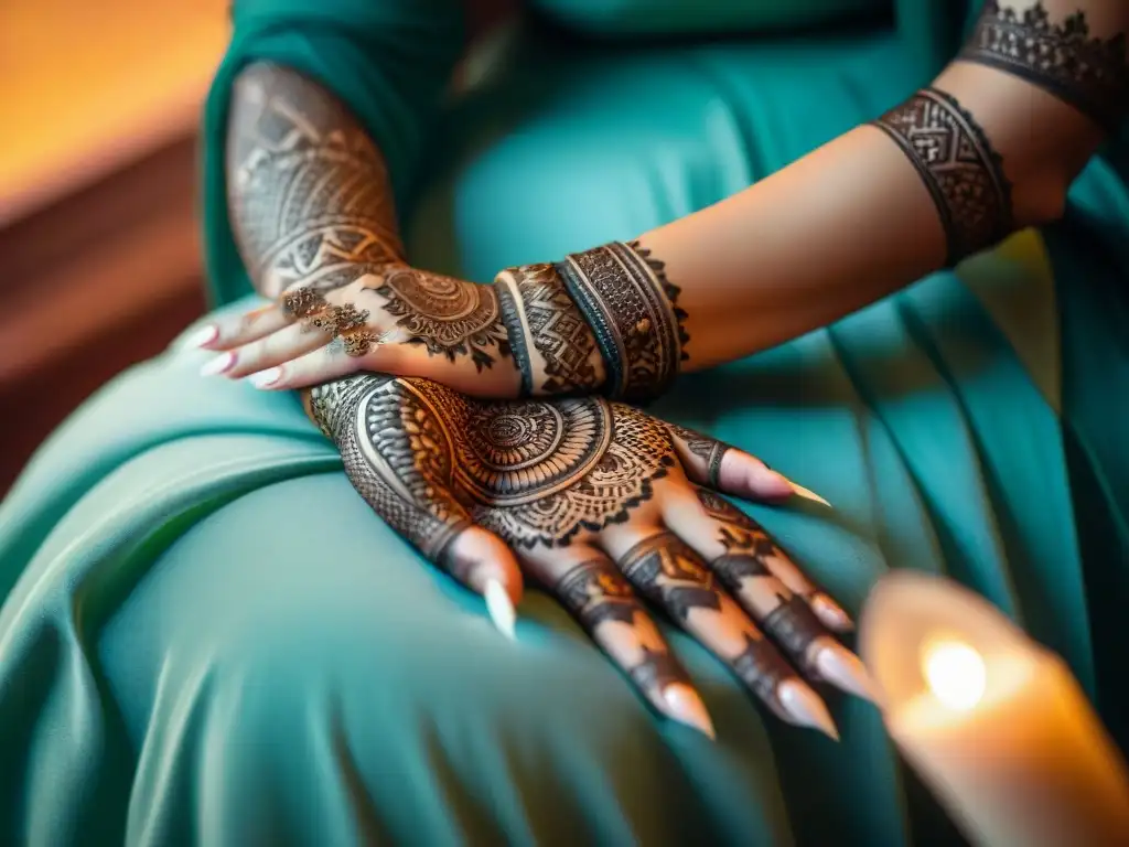 Detalle de tatuaje de mendhi en manos de mujer joven, ritual de paso en India