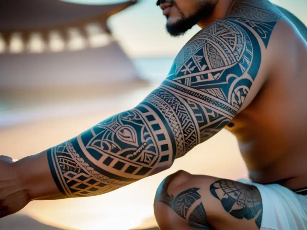 Detalle de un tatuaje polinesio moderno en brazo de un hombre maorí, fusionando elementos tradicionales y técnicas contemporáneas