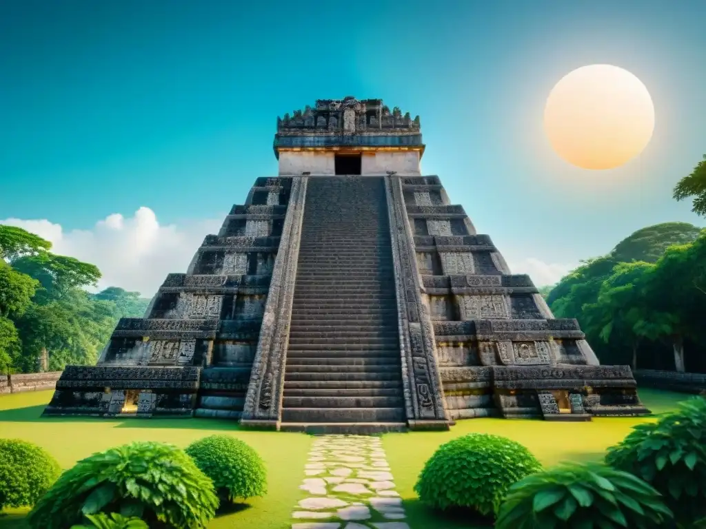 Detalle de templo maya con tallados celestiales, rodeado de vegetación, simbolizando la dualidad eclipses mitologías globales