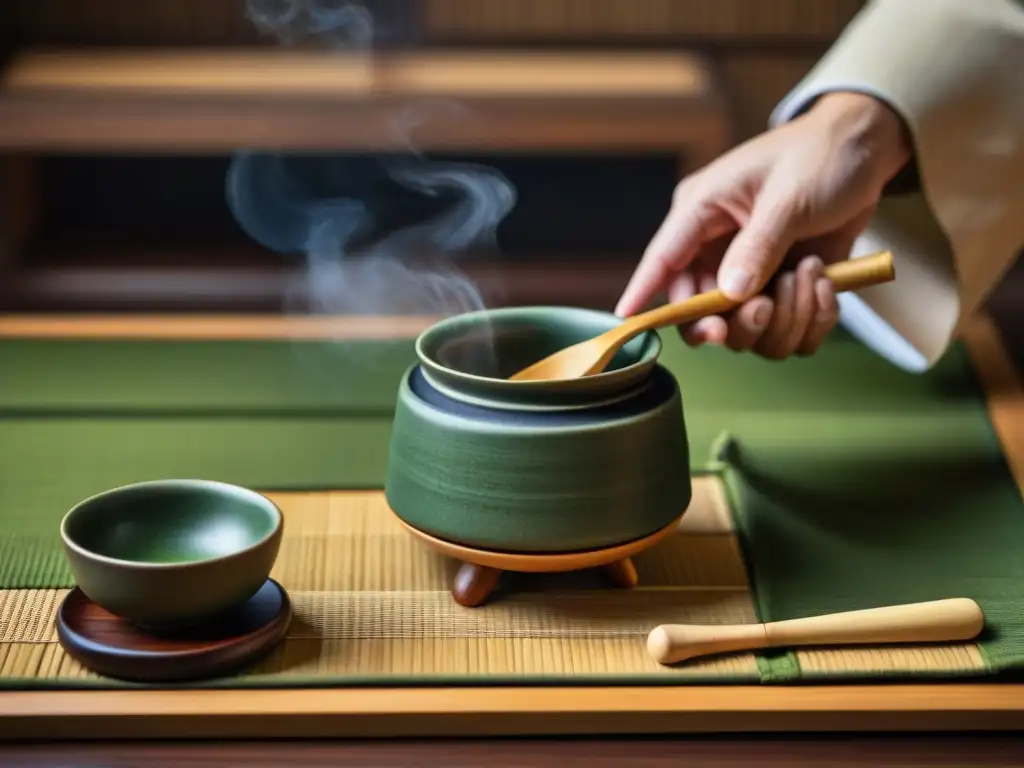 Detalle de utensilios de Ceremonia del Té en Japón, resaltando la artesanía y serenidad de la ceremonia japonesa