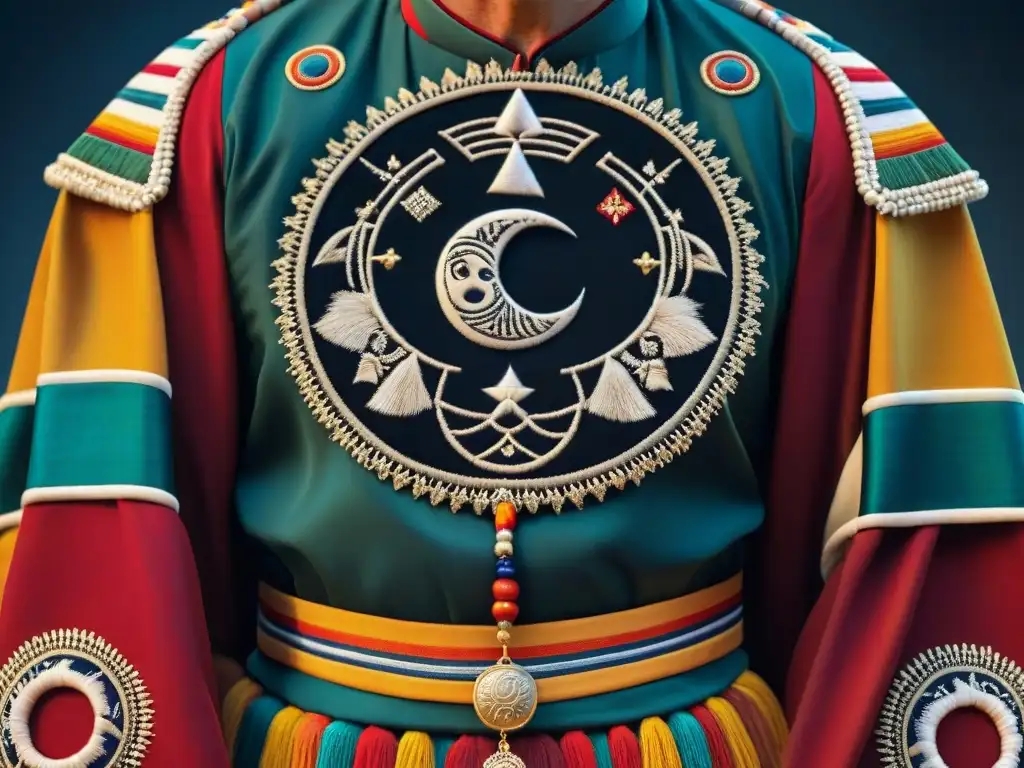 Detalle de vestimenta ceremonial de sacerdote maya con simbolismo lunar en vibrantes colores y fina artesanía