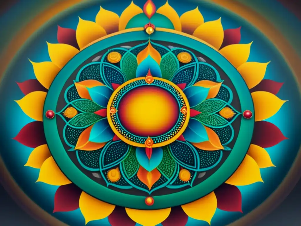 Detalle vibrante de un mandala budista tibetano, con intrincados patrones geométricos y simbólicos, colores ricos y significado espiritual