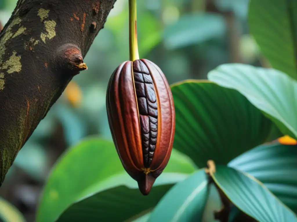 Detalle de un vibrante cacao en un árbol mesoamericano, evocando el origen del cacao mesoamericano