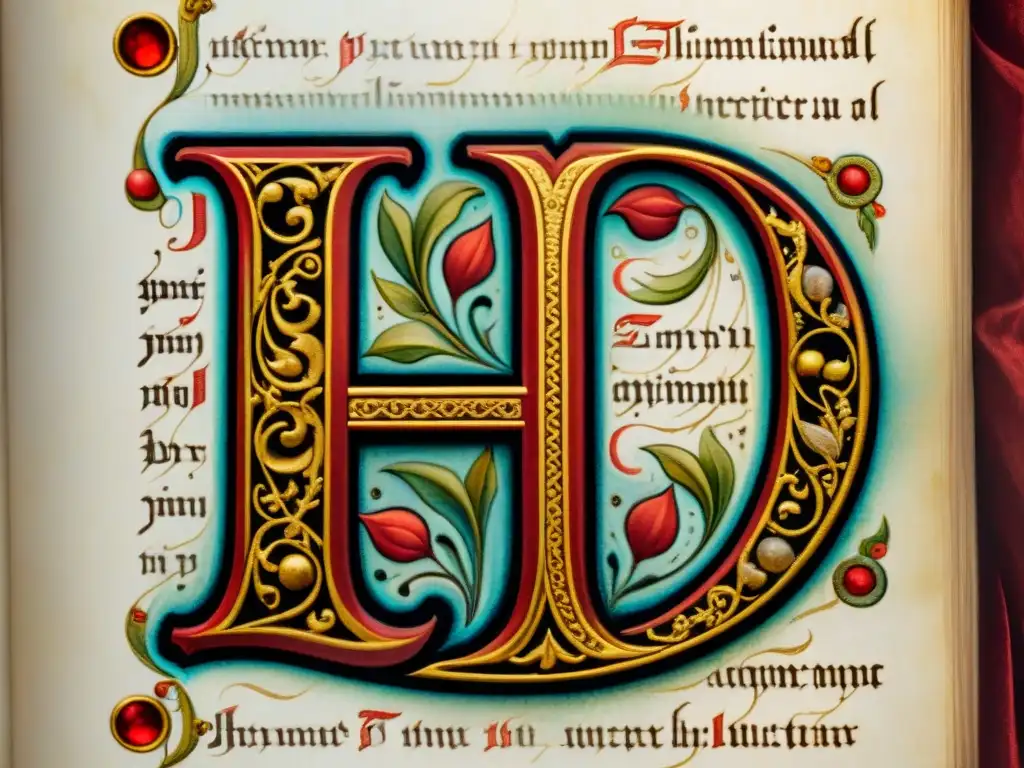 Detalles dorados: Inicial 'I' del Codex Gigas Detalle vibrante del Codex Gigas: la letra 'I' en rojo y oro revela la maestría artística y los misterios del manuscrito medieval