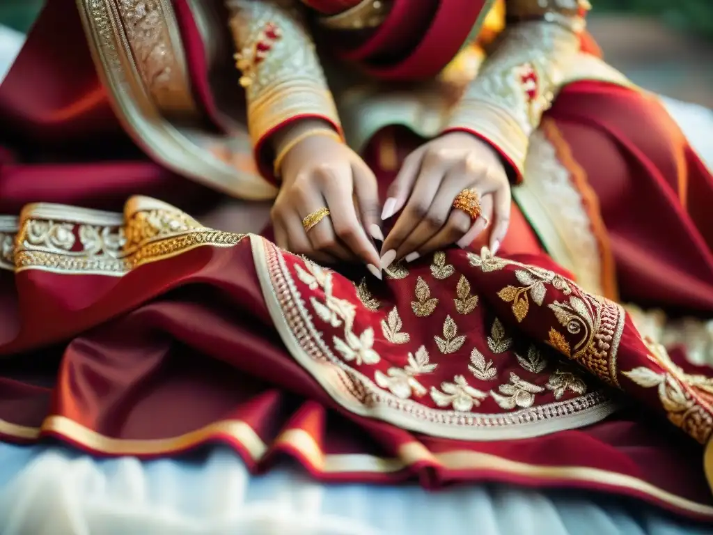 Detalle vibrante de una novia india con vestimentas en rituales de paso, saris rojo y dorado durante ceremonia hindú