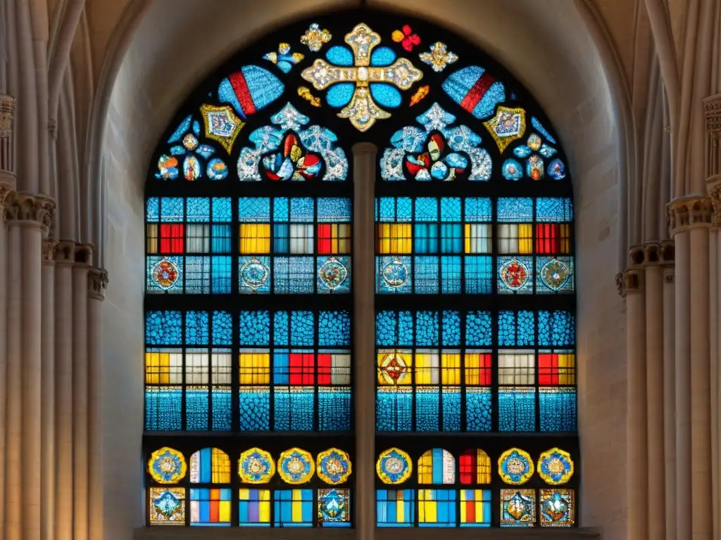 Detalle de los vitrales de la Catedral de Chartres con geometría sagrada y místicos colores