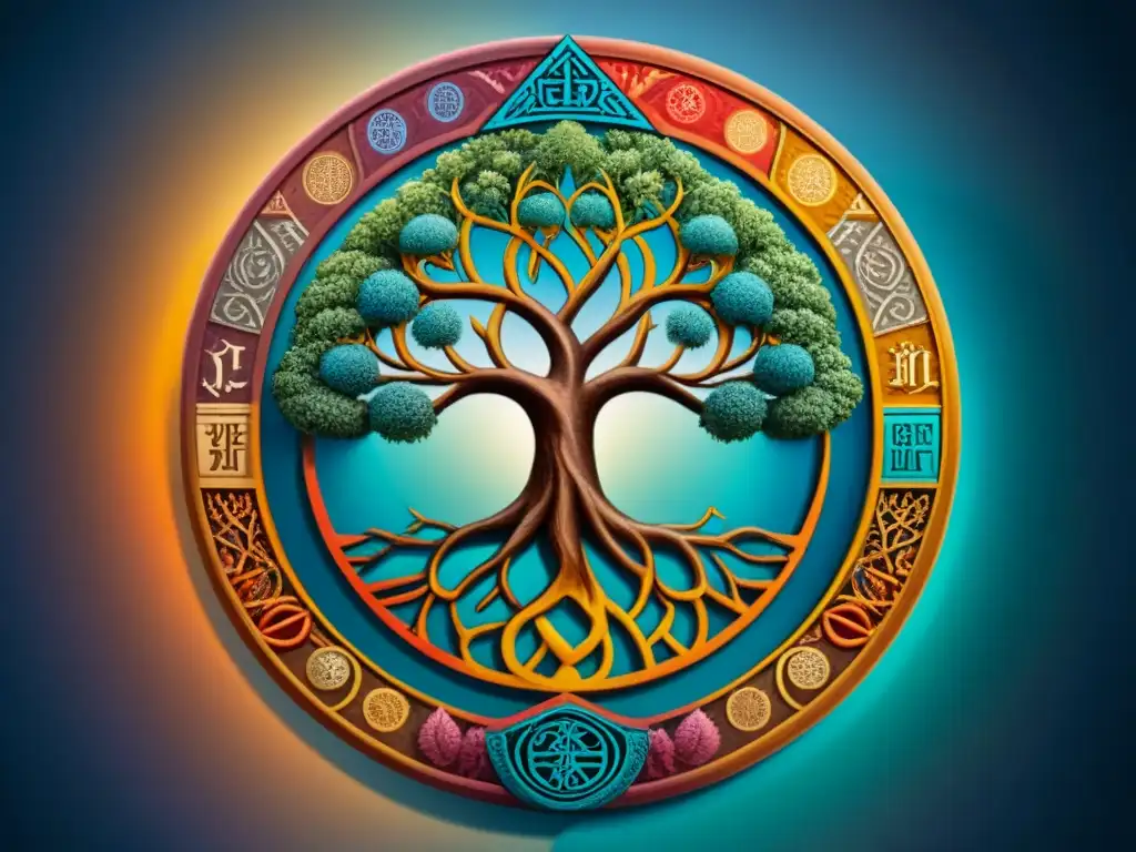 Detalle vívido del Árbol de la Vida de la tradición Kabbalah, con vibrantes colores y símbolos ocultos rituales religiosos antiguos