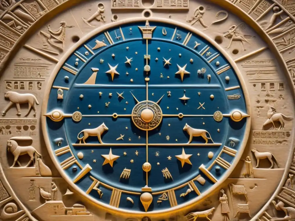 Detalle del Zodiaco de Dendera: antigua representación egipcia del cielo nocturno con signos zodiacales y jeroglíficos