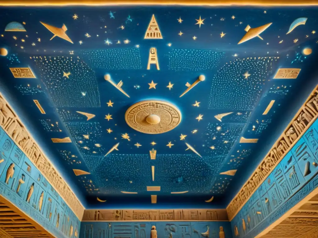 Detalle del zodiaco egipcio en el Templo de Hathor en Dendera, con misterios del cielo nocturno