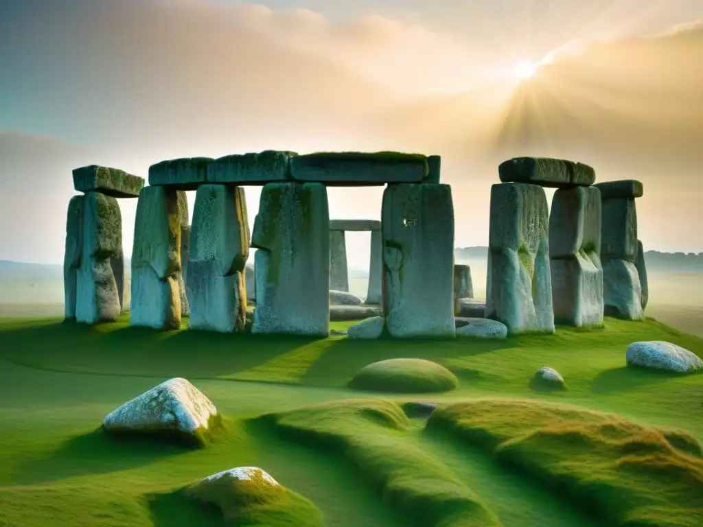 Detalles ancestrales en Stonehenge: misteriosos símbolos tallados en una piedra antigua bajo la luz dorada del sol