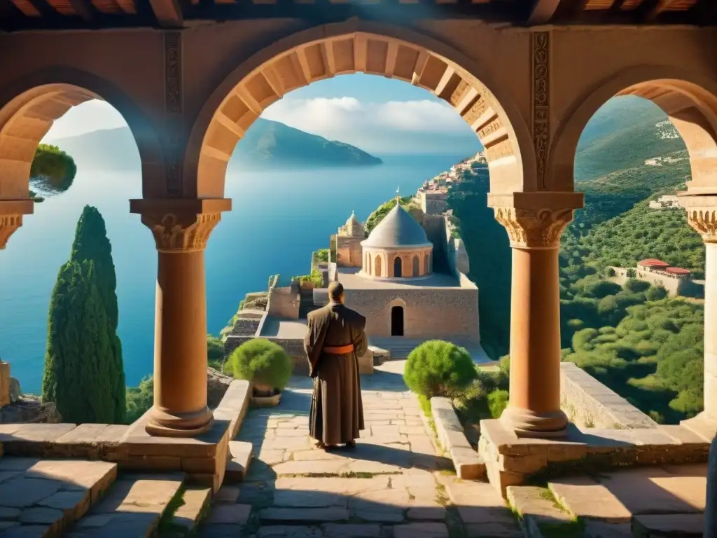 Detalles arquitectónicos del Monasterio Simonos Petra en el Monte Athos Detalles arquitectónicos del Monasterio Simonos Petra en Monte Athos, con piedras talladas y cúpulas bizantinas, rodeado de vegetación y el Mar Egeo