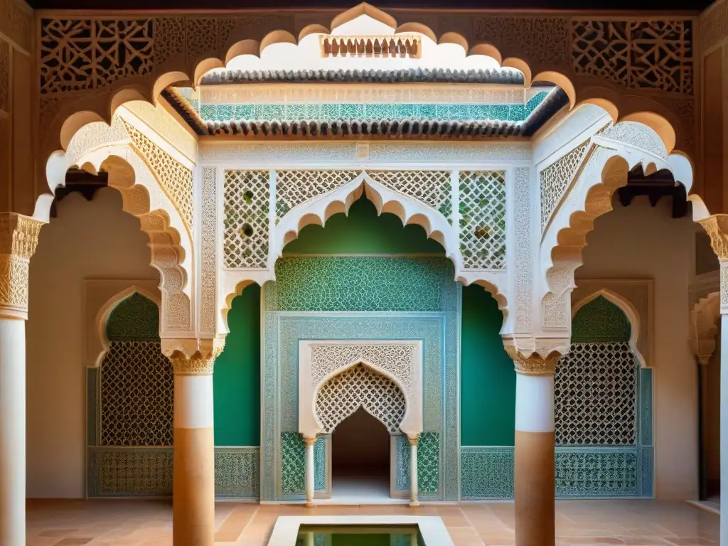 Detalles de la arquitectura arte musulmán Alhambra: Intrincados patrones geométricos y arabescos en estuco, reflejando la sofisticación artística