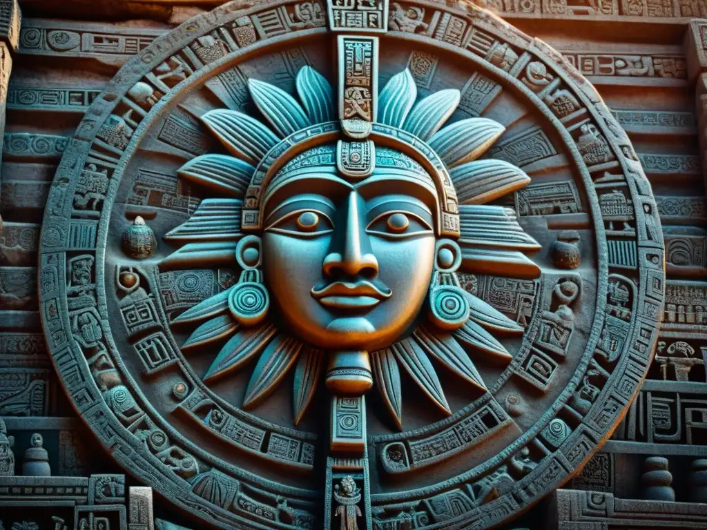 Detalles asombrosos de la Piedra del Sol Azteca, destacando los símbolos de navegación celestial y al dios sol Tonatiuh en el centro, revelando la artesanía y el significado cultural de este icónico artefacto azteca