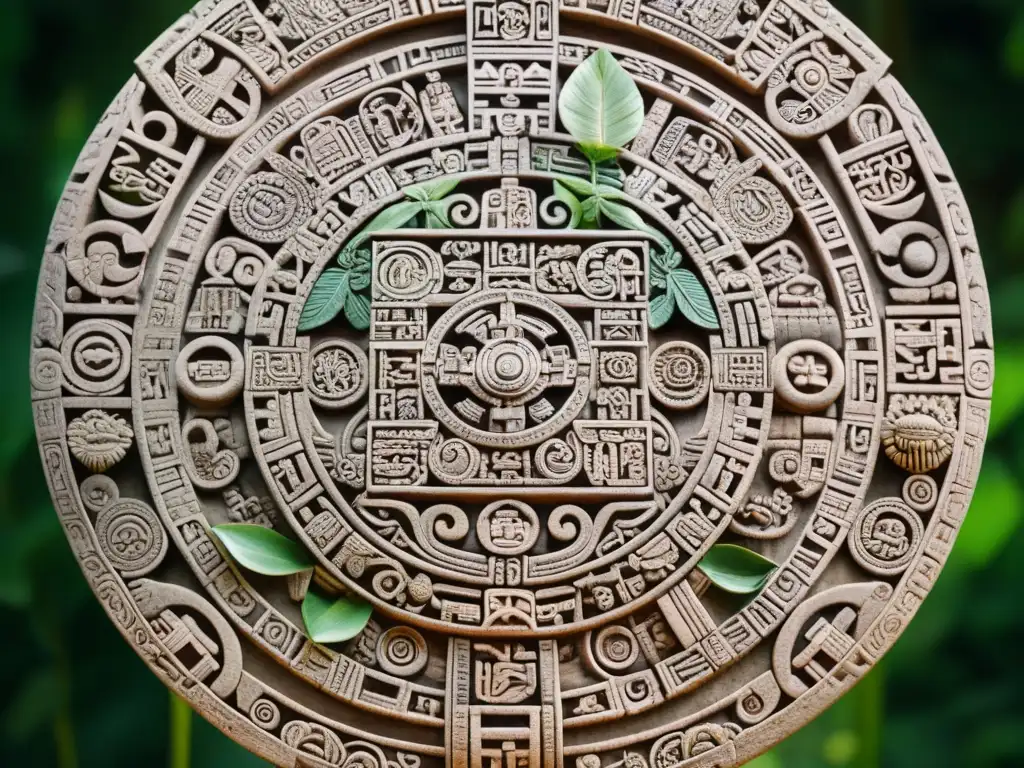 Detalles del calendario maya 2012, con símbolos y hieroglifos precisos, rodeado de exuberante vegetación