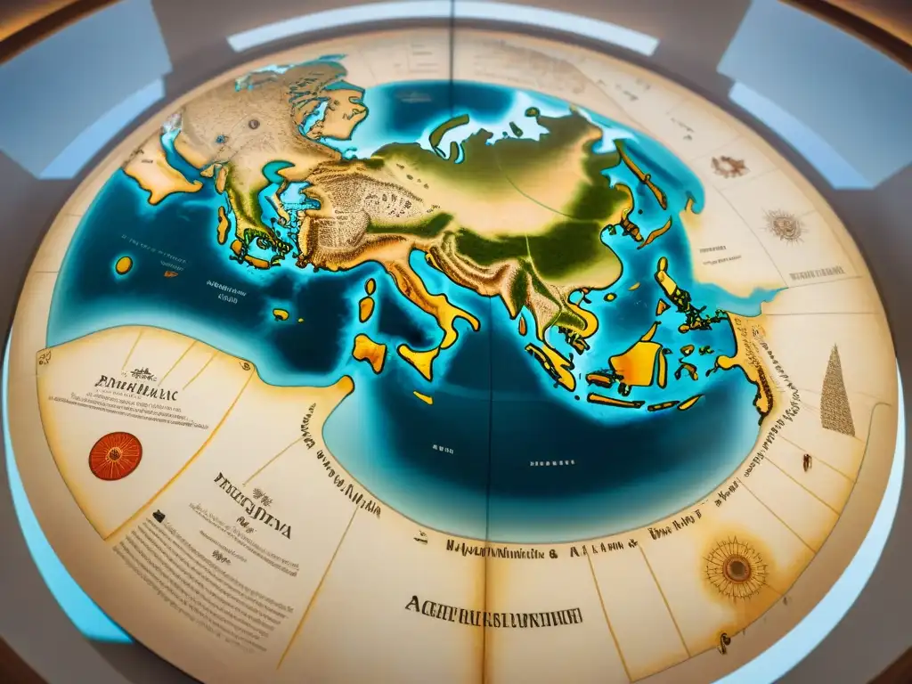 Mapa antiguo del mundo Ptolemaico: detalle y misterio Mapamundi Ptolomeo visión mundo antigüedad: Detalles cartográficos, criaturas míticas y anotaciones en antiguo pergamino envejecido